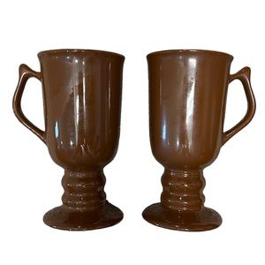 2 Vintage Hall Footed Pedestal Irish Coffee Mug Cup Brown White #1273